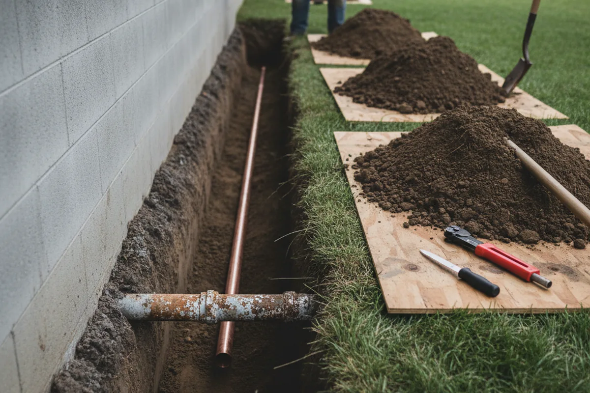 Excavated water line trench during Water Heater Repair in Seaside
